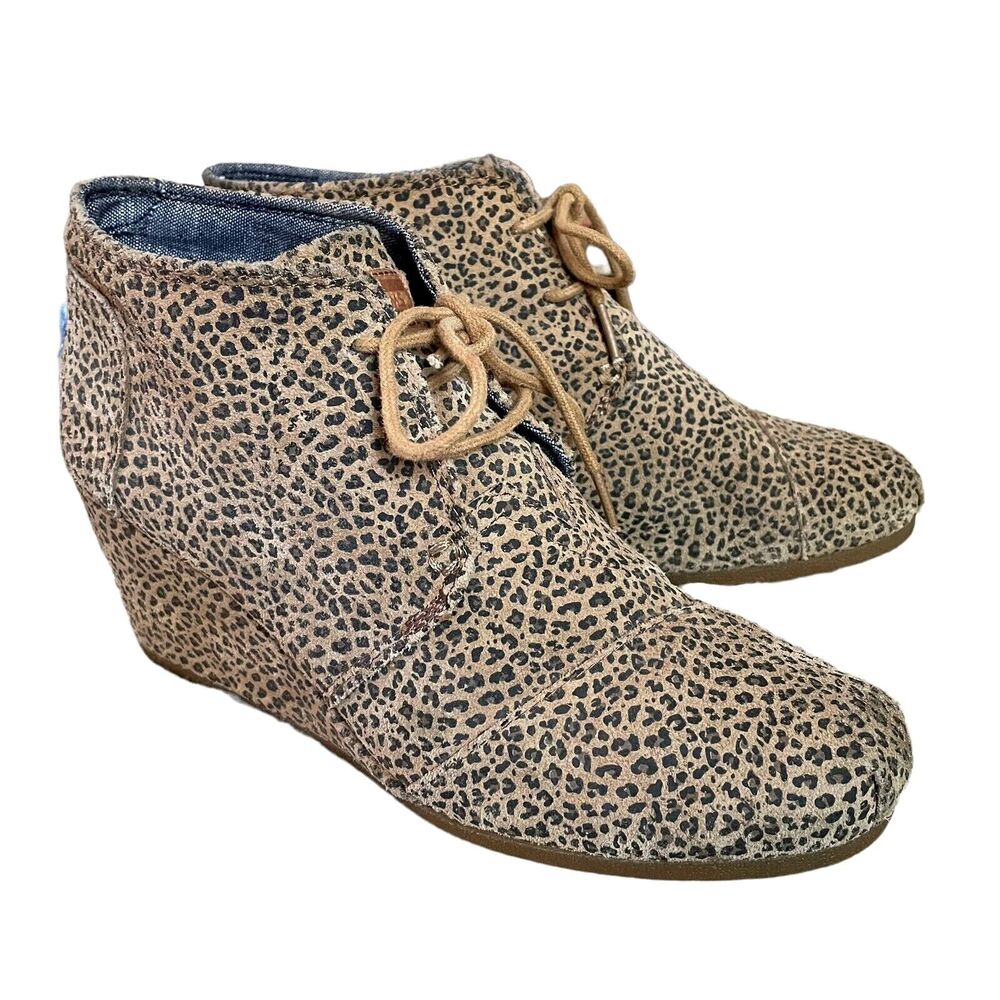 Toms Sz‎ 10 Womens Kala Desert Wedge Suede Booties Cheetah Leopard Print Lace Up